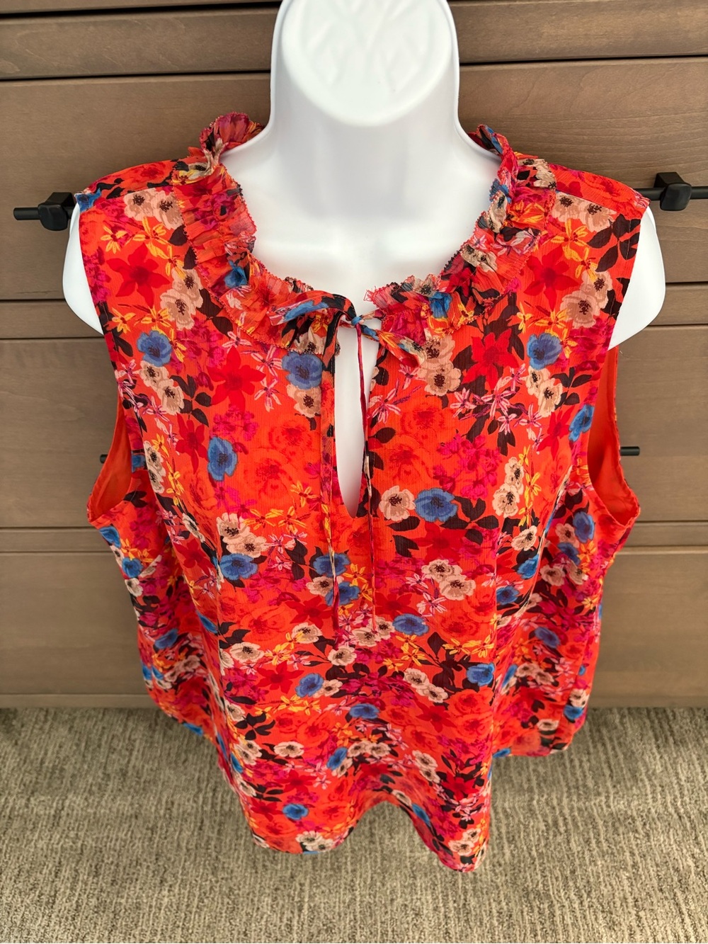 Red Coral Floral Ruffle Sleeveless Top